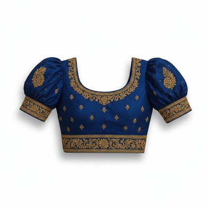 Royal Blue Embroidered Puff-Sleeve Blouse