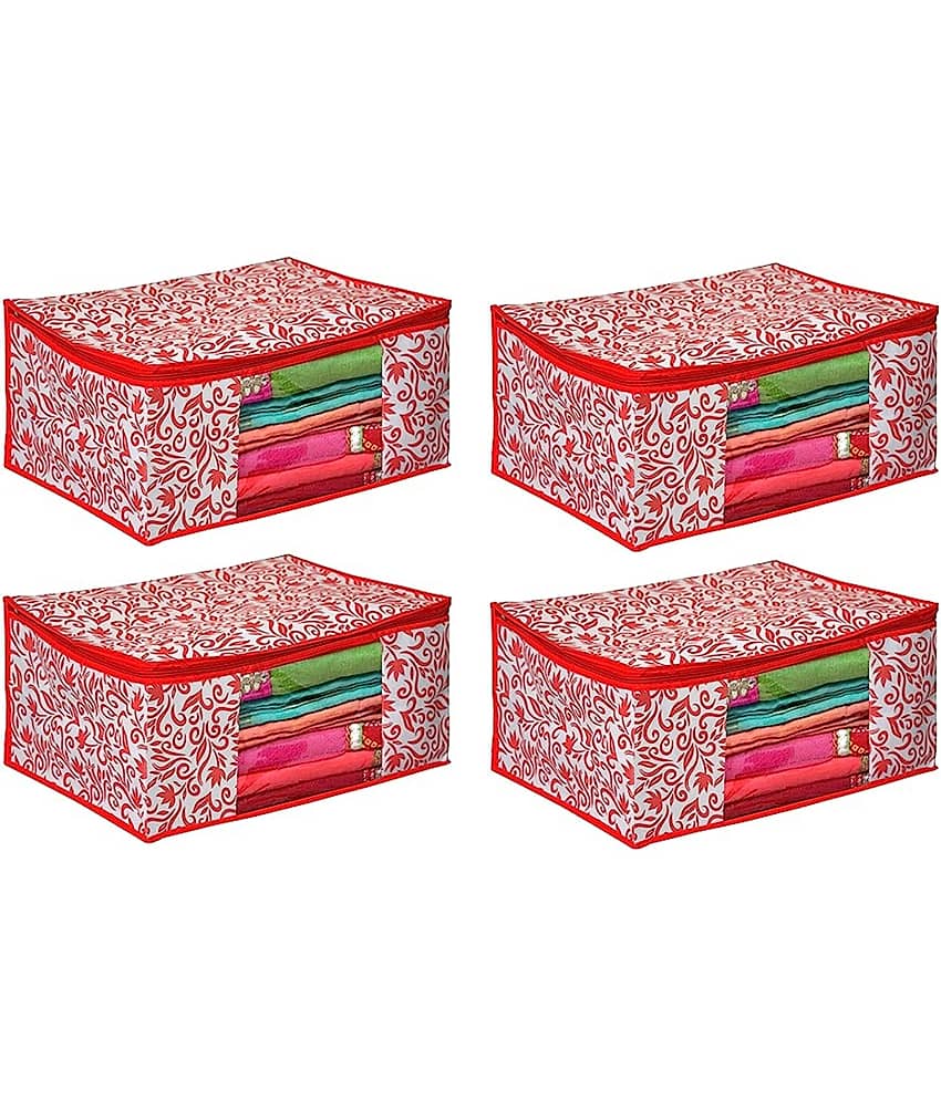 Non-Woven Saree Cover Cloth Storage & Organizer ( Pack of 4 ) Red Multi Saree Cover