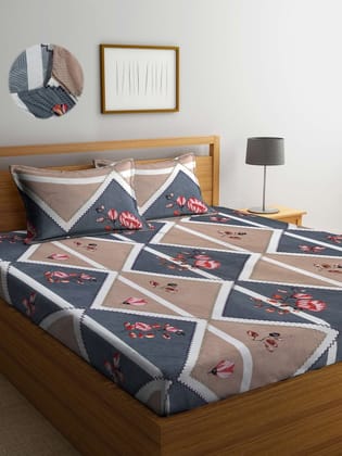 Brown & Grey Floral 300 TC King Bedsheet with 2 Pillow Covers