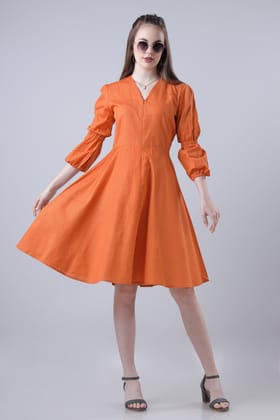 Women Solid Fit & Flared Melodic Dress-XXS / Coral Orange / DR090-F-PLCF029 -3  MTR-NIL-NIL-NIL-NIL-NIL-THR016-NIL-ZPH0018-NIL-NIL-NIL-NIL-NIL
