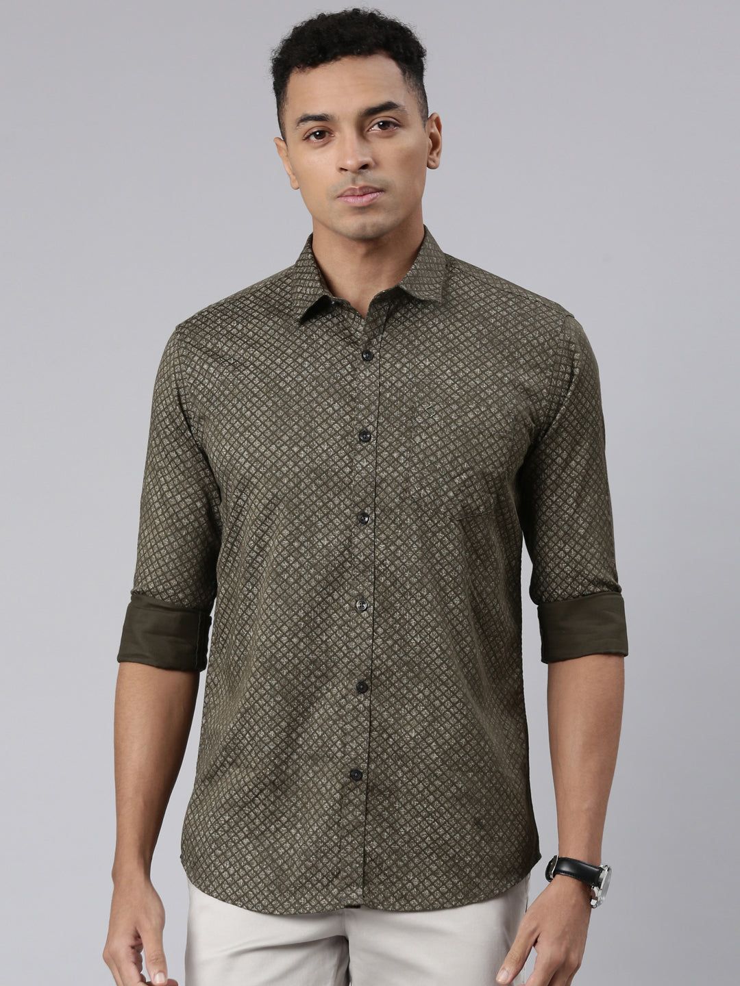 Classic Polo Men's Full Sleeve Olive Polo Neck Cotton Slim Fit Casual Shirt | SP2-149-PRT-SF FS