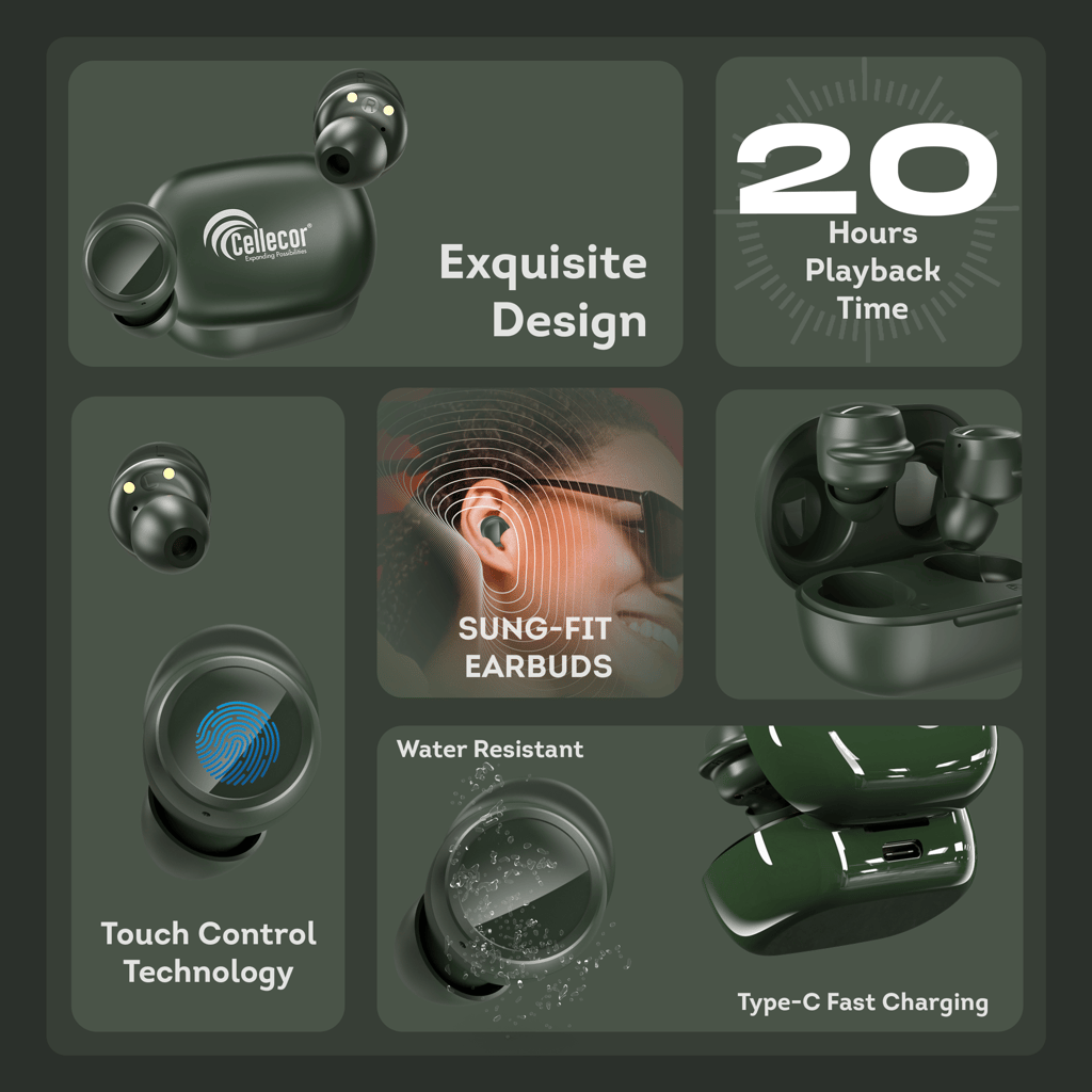 Cellecor BroPods CB04 Waterproof Earbuds With 20 Hours Playtime, Automatic Pairing, ENC Bluetooth - Green