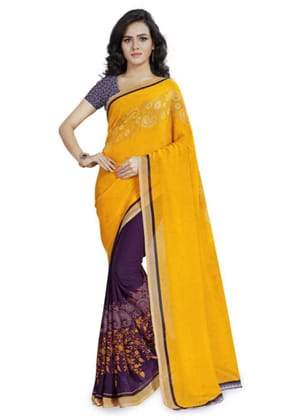 Printed Faux Georgette Yellow Color Saree
