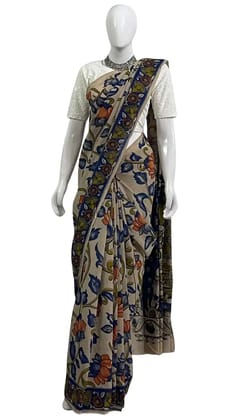 Kalamkari Cotton Saree Cream Indigo Floral Pallu Kalamkari Cotton Saree Cream Indigo Floral Pallu