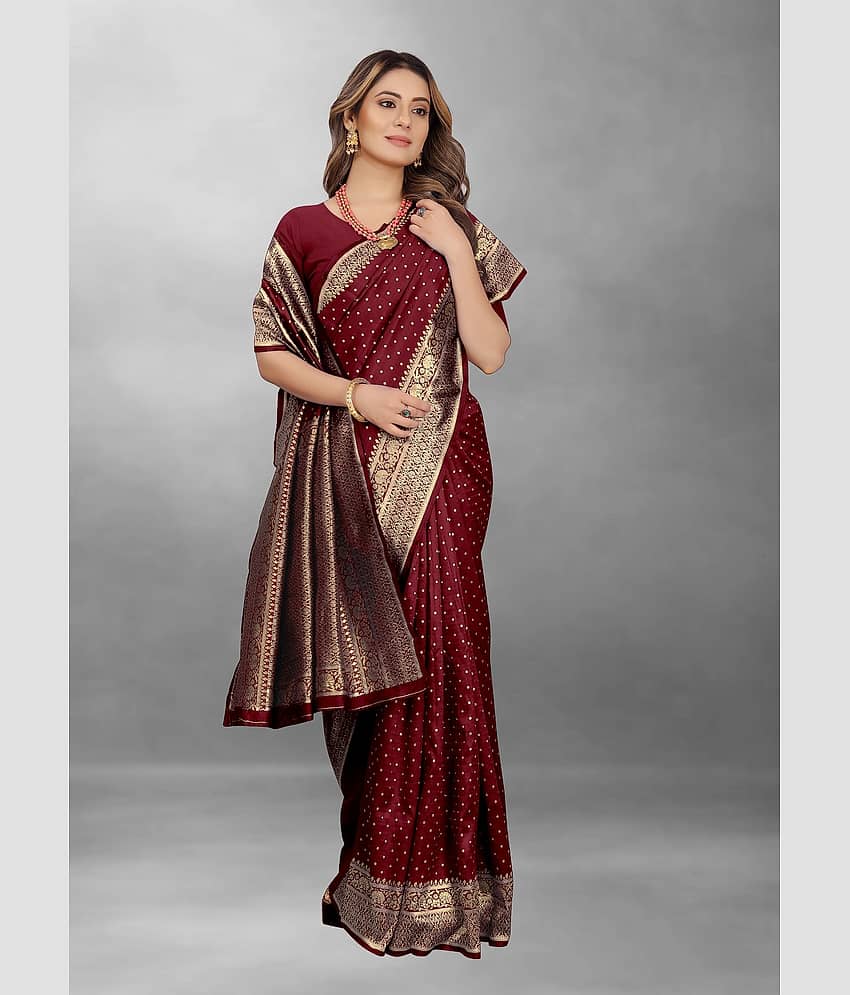 Gazal Fashions Banarasi Silk Embellished Saree With Unstitched Blouse Piece ( Maroon )