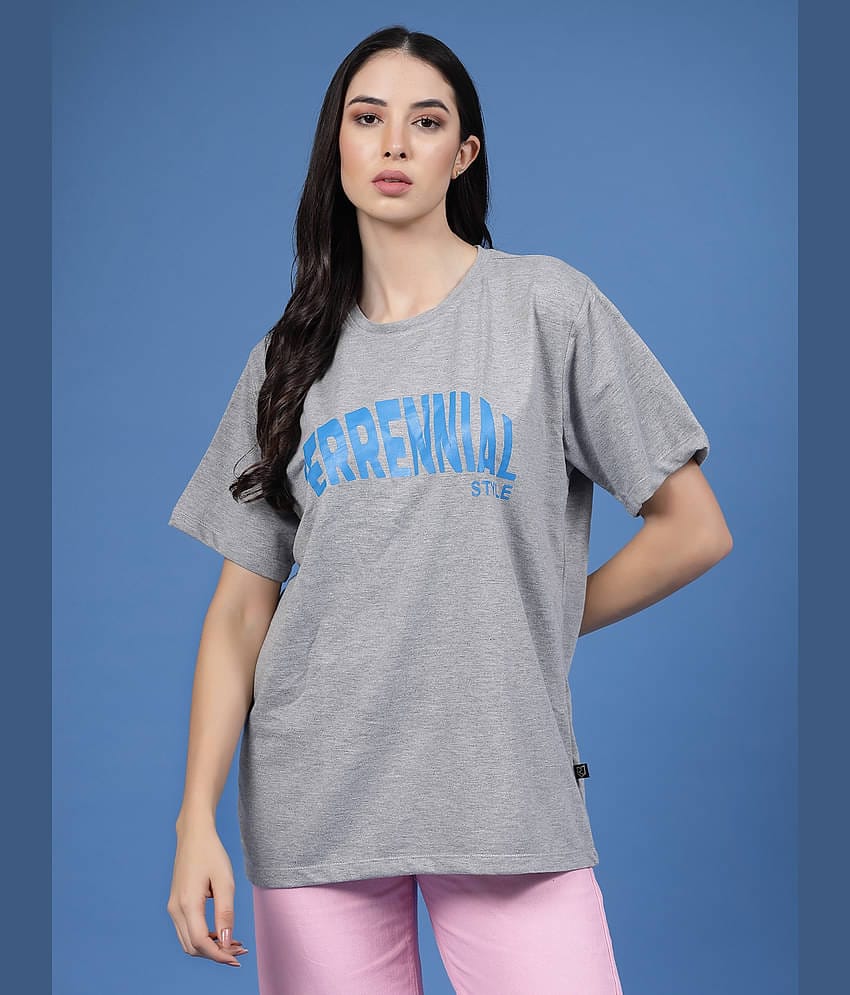 Rigo Women Cotton Printed Oversized Fit Round Neck T-Shirt ( Grey )