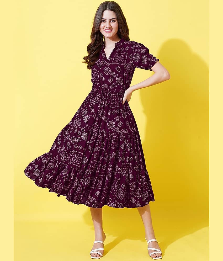Femvy Women Crepe Printed Fit & Flare Dress ( Wine )