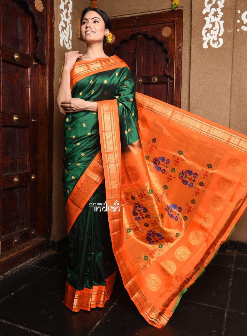 Rajsi~ Pure Silk Handloom - Maharani Paithani in Dark Green with a Bright Orange Border (Available in Peacock Buttis)