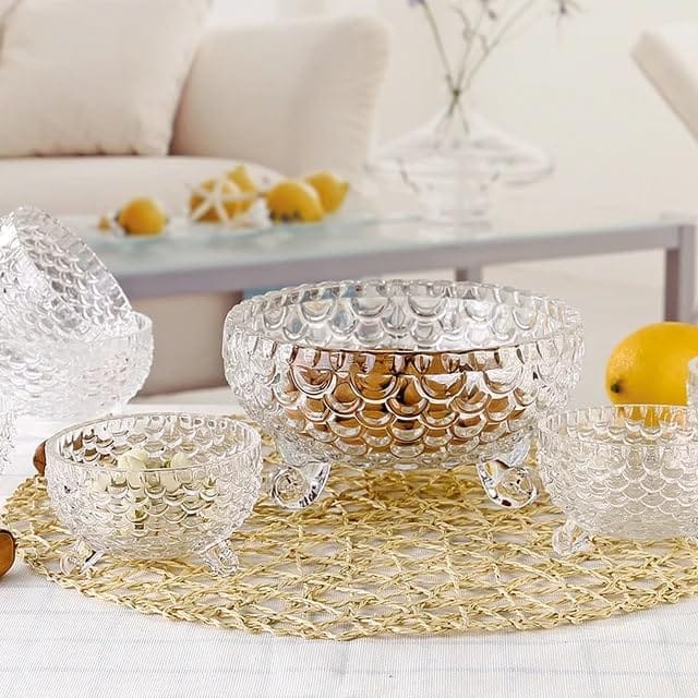 Crystal Glass Bowl Set of 7 pcs with 1 Large Bowl & 6 Small Bowls for Serving Snacks, Pudding, Dessert, Fruits and Kitchen Purpose (Fish Design)
