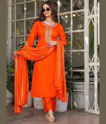 Niza Fashion Chanderi Embroidered Kurti With Pants Women's Stitched Salwar Suit - Orange ( Pack of 1 )