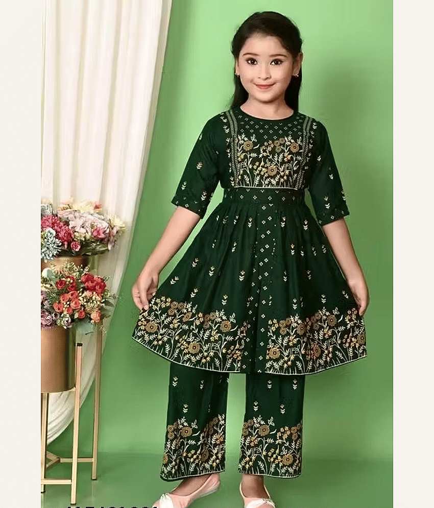 DS DRESSES Girls Cotton Kurti with Pants ( Pack of 1 , Green )