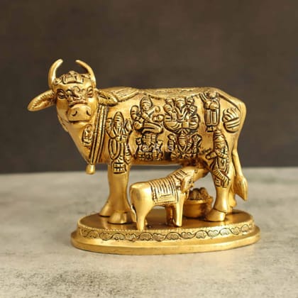 Brass Handcrafted Cow with Calf Engraved with Hindu Deities - 5.25 Inch Height