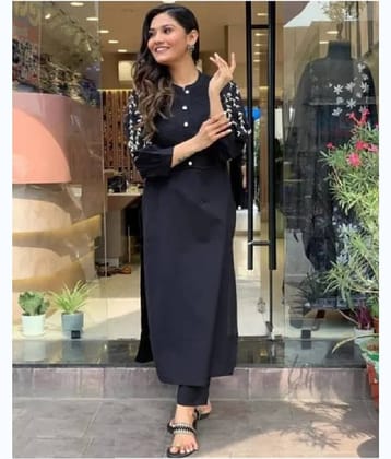 ETZIN Women Rayon Embroidered Straight Kurti With Pants ( Black )