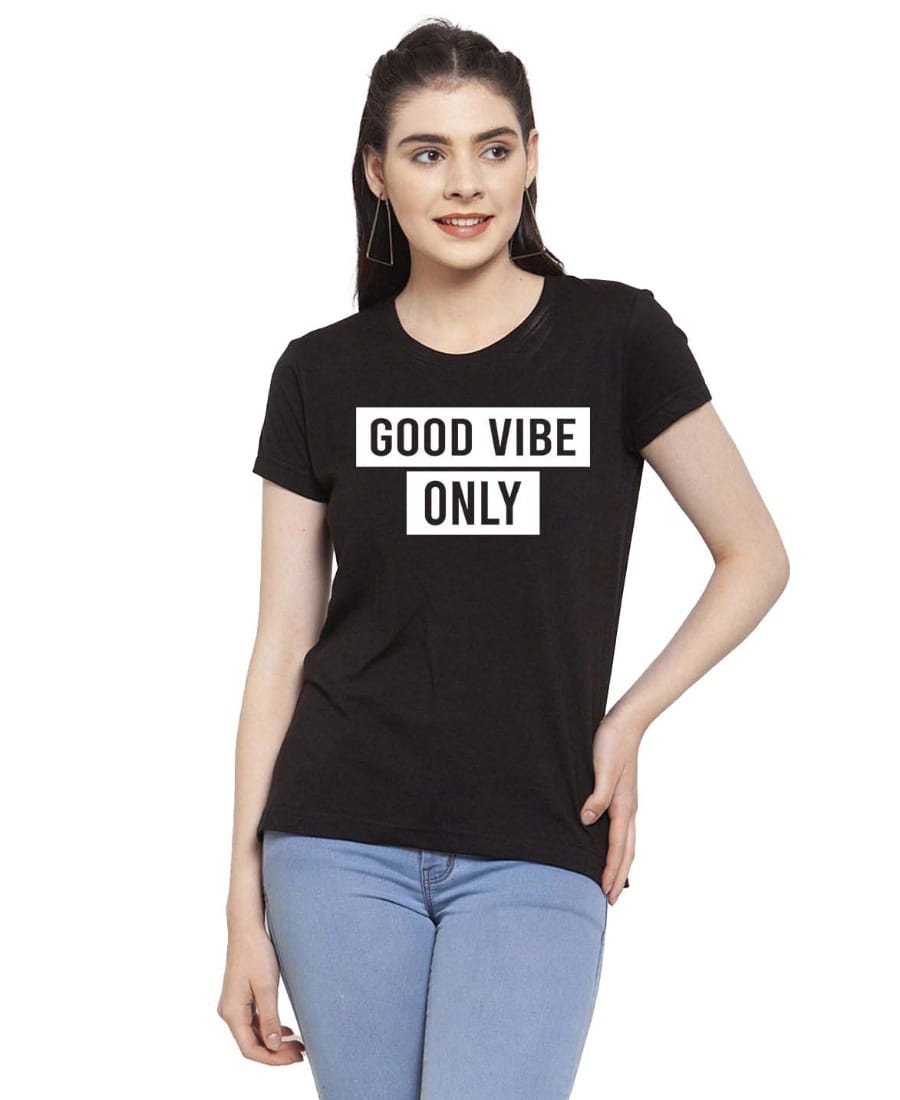 Women's Cotton Blend Good Vibe Only Printed T-Shirt M (Black)