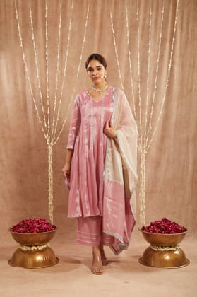 Pink Gota Tissue Anarkali with Narrow Pants-XXS / XXS