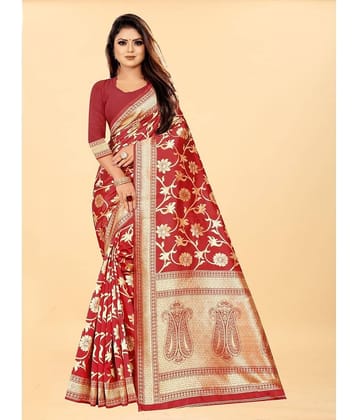 Gazal Fashions Banarasi Silk Embellished Saree With Unstitched Blouse Piece ( Wine )