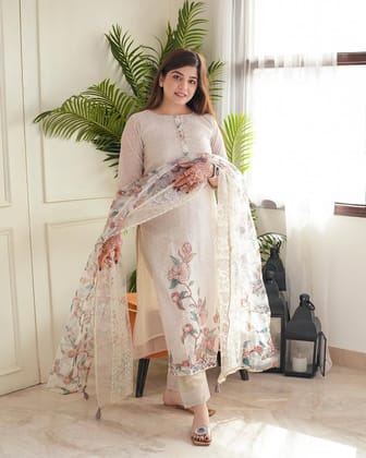 Linen Cotton Digital Floral Print work White Summer Wear Kurti Pant Dupatta Set (Stitched)-M(38)