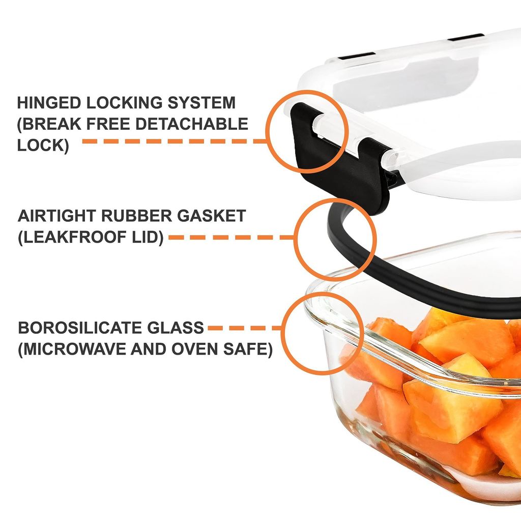 Femora Borosilicate Square Microwave Oven Safe Glass Container with Dectahable & Break Free Lid, Black Color, 300 ML