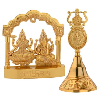 S-Guard Zinc Metal Laxmi-Ganesh Temple Murti with Nandi Bell Decorative Showpiece - 10 cm (Metal, Gold) Combo-LGLG