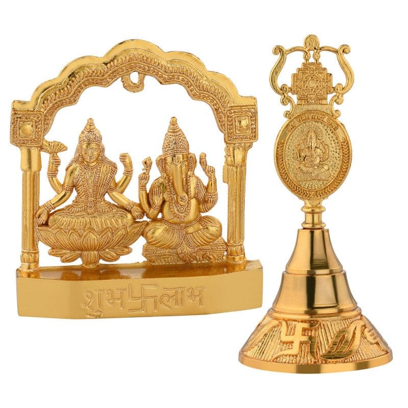 S-Guard Zinc Metal Laxmi-Ganesh Temple Murti with Nandi Bell Decorative Showpiece - 10 cm (Metal, Gold) Combo-LGLG