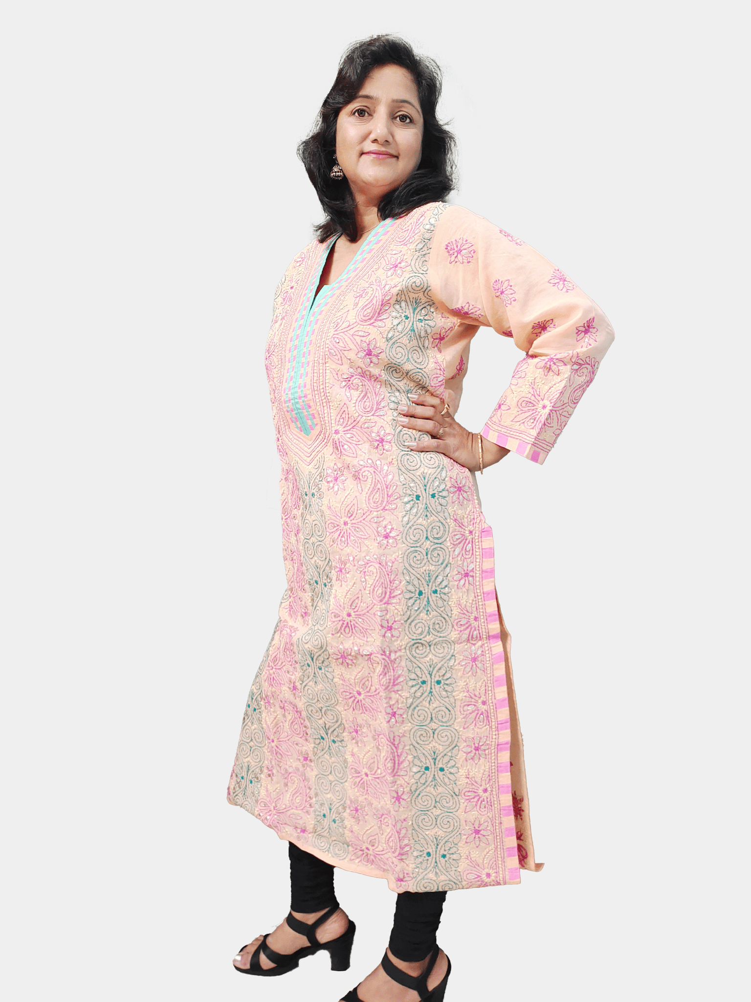 TheHangr Triple Shade Thread Work Peach Cotton Lucknowi Chikankari Kurti