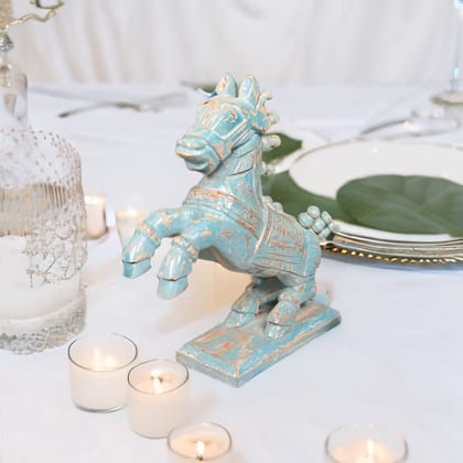 BAANMATA INTERNATIONAL Handicraft Table Decors Running Horse-Statue,Distressed-Blue Wooden Showpiece Horse-Statue,Home Living Horse-Statue for Decoration|38x10x42 cm,38x8x31 Cm