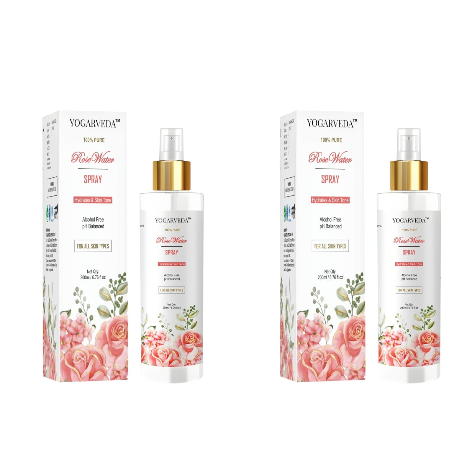 YOGARVEDA 100% Pure Rose Water Spray 2*200 ml | Alcohol-Free | pH Balanced Men & Women (400 ml) Pack of 2