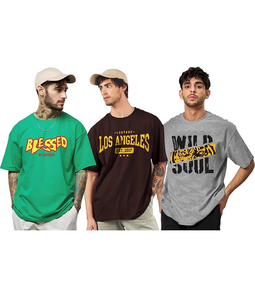 Leotude Pack of 3 Cotton Blend Oversized Fit Men's T-Shirt ( Brown )