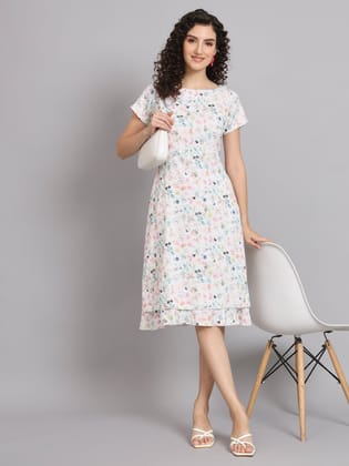 A Line Printed Floral Frill Dress - White-XS