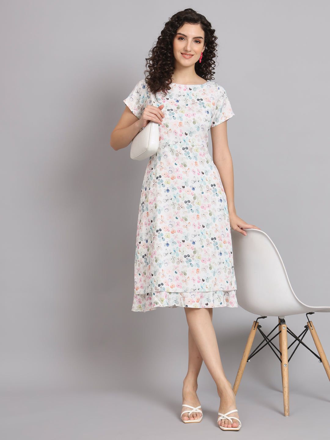 A Line Printed Floral Frill Dress - White-XS