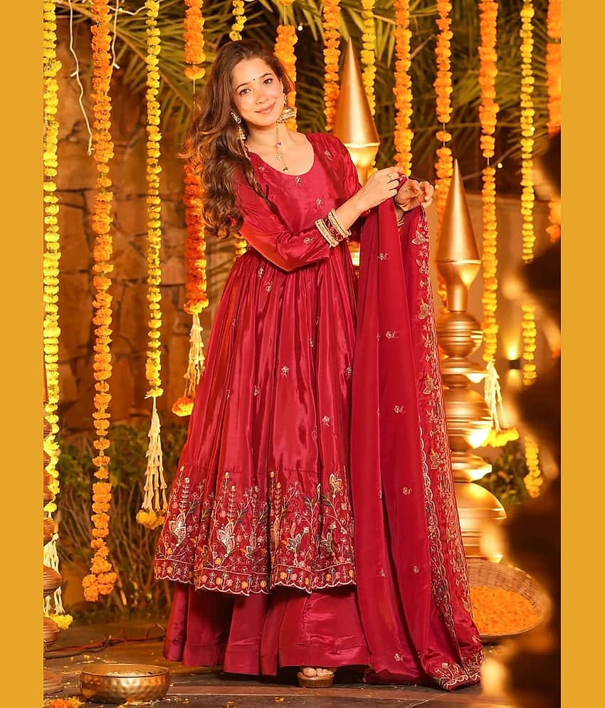 kedar fab Women Silk Embroidered Anarkali Kurti With Palazzo ( Pink )