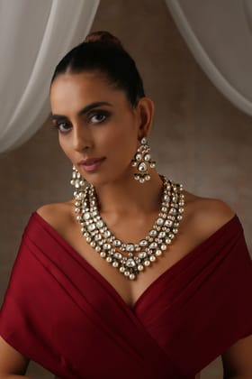 Mazosi Green Polki and Pearl Long Necklace Set-Polki