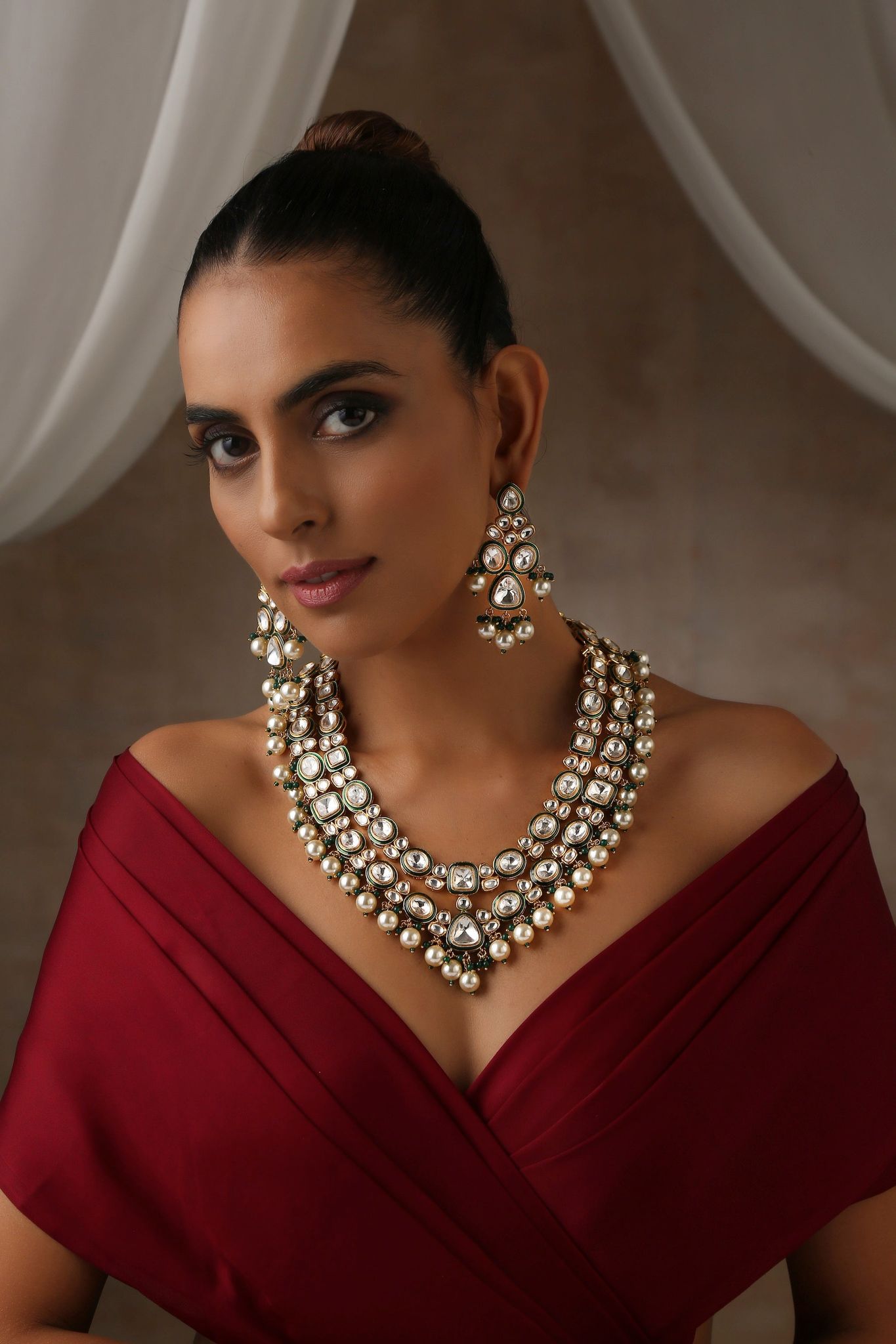 Mazosi Green Polki and Pearl Long Necklace Set-Polki