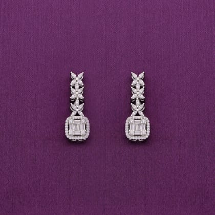 Bedazzling Zircon Baguettes & Blossoms Dangler Silver Earrings-White Stone / Silver