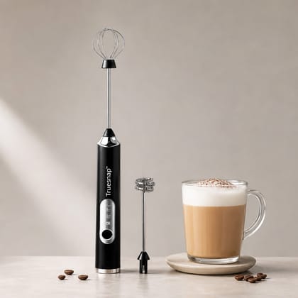 TrueSnap Milk Frother for Coffee with Stand, Handheld Milk Frother & Foam Maker, Portable Frother for Milk, Latte, Cappuccino & Home Kitchen Use - Black