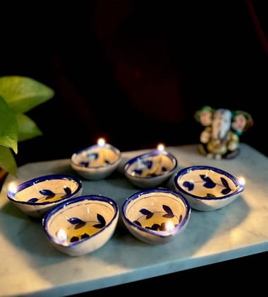 Blue Pottery Blue Lotus Design Diya - Set of 6