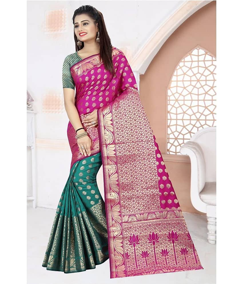 Gazal Fashions Banarasi Silk Printed Saree With Unstitched Blouse Piece ( Multicolor )