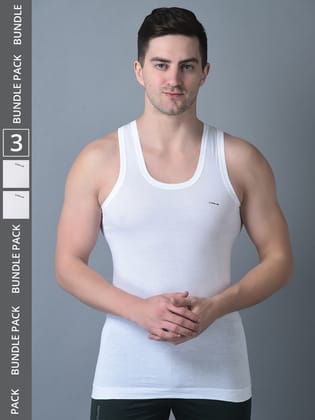 Men's White Pack of 3 Solid Combed Cotton Shrinkless Vest Men's White Pack of 3 Solid Combed Cotton Shrinkless Vest