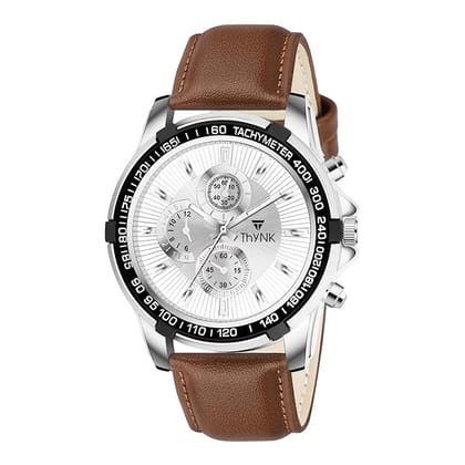 Thynk Stylish Men's Analog Watch with Silver Colour Round Dial | Leather Strap