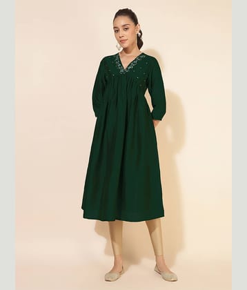 Janasya Pack of 1 Silk Blend Embroidered Flared Women's Kurti - ( Green )
