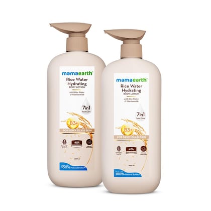 Mamaearth Rice Water Hydrating Body Lotion with Rice Water & Niacinamide for Dewy Glass Skin 400ml | 48H Moisturization | For Dry Skin | Nourishes Skin | 7in1 Total Care | 100% Natural Butter | NonGreasy Smooth Skin (Pack of 2) Mamaearth Rice Water Hydra