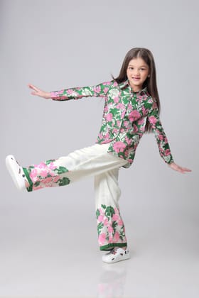 Vintage Floral Shirt And Pant Co-Ord Set For Girls-1 Year / Emerald Green