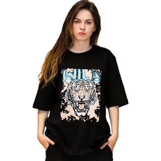 Leotude Black Printed Cotton Blend Round Neck Half Sleeve T-Shirts For Womens