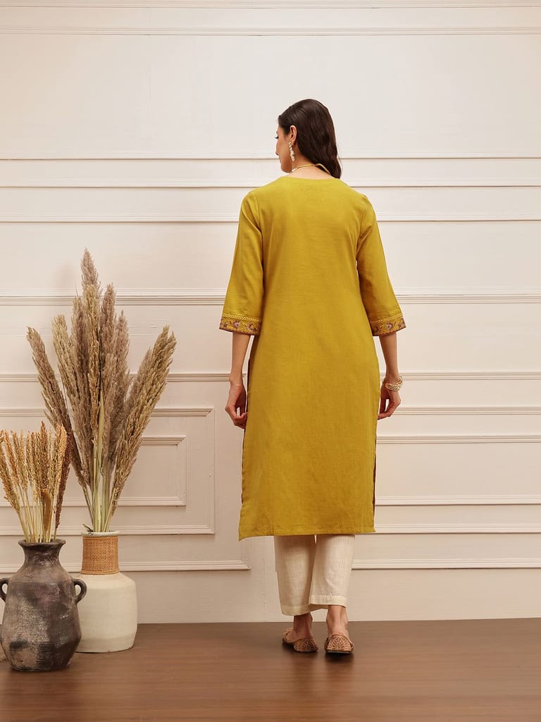 Mustard Floral Embroidered Kurta