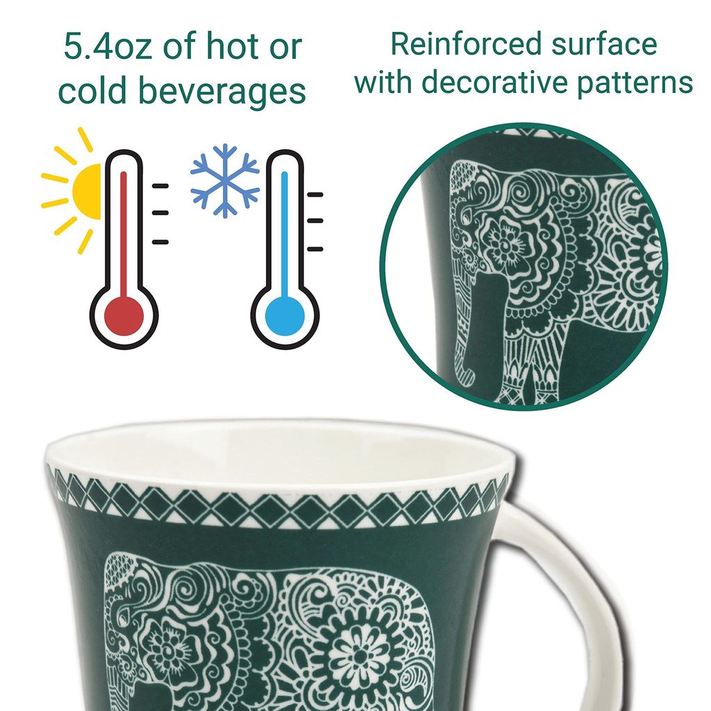 Femora Turquoise Majestic Elephant Design Tea Cups, Ceramic Tea Cups, Coffee Mugs (160 ml) - 6 Pcs Set (Green)