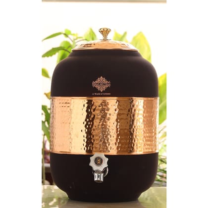 Indian Art Villa Handmade Pure Copper Water Pot, Half Hammered with Silk Finish in Black Color Design-5Ltr