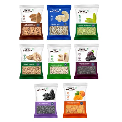 Nutraj Dry Fruits Combo Pack 800gm - Pistachios, Almond, Cashew, Black and Golden Raisins, Anjeer, Walnut Kernel, Dried Apricot (100gm Each)