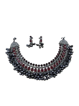 ANVAYACOLLECTIONS Antique Brass Necklace Set with Red Stones with Ghungroo Bells