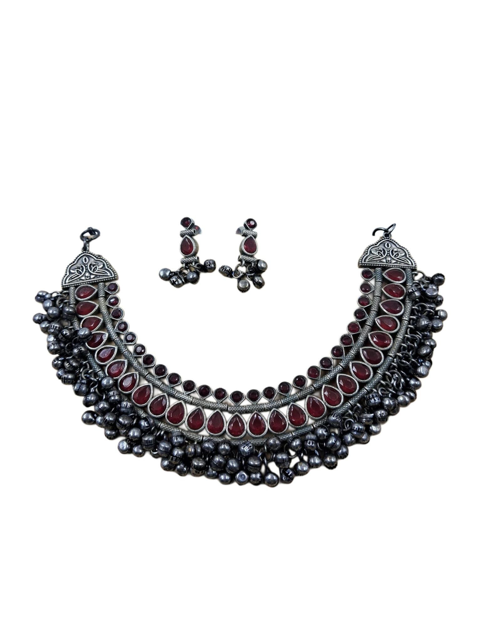 ANVAYACOLLECTIONS Antique Brass Necklace Set with Red Stones with Ghungroo Bells