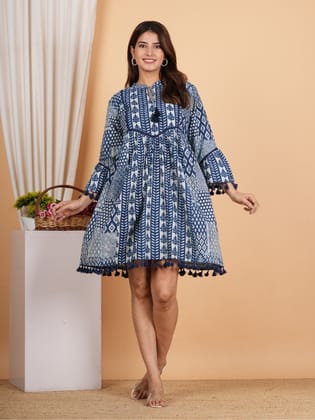 Boho Chic Indigo Handblock Cotton Dress-M